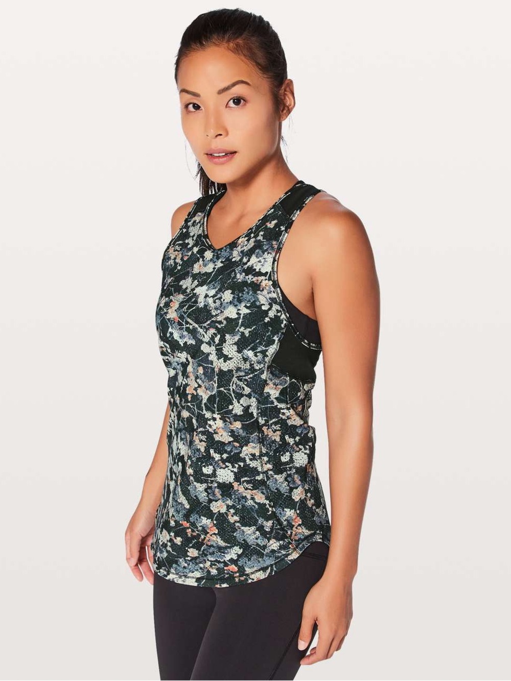 Lululemon Floral Printed Athletic Tank Top in Dark Green and Black - Small